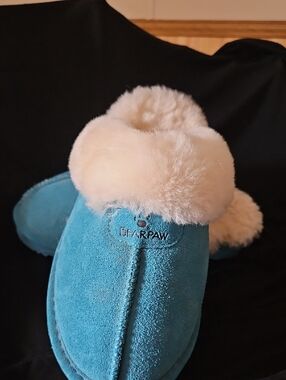 BearPaw Teal Suede Shearling Mule Slippers